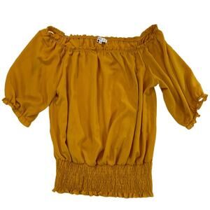 Love J Mustard Smocked Off Shoulder Boho Peasant Blouse 2X Women's Half Sleeve